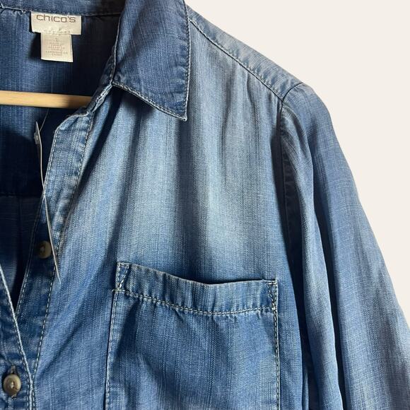 Chico’s Long Denim Button Front Light Wash Shirt Mini Dress Size 8 - Picture 6 of 12